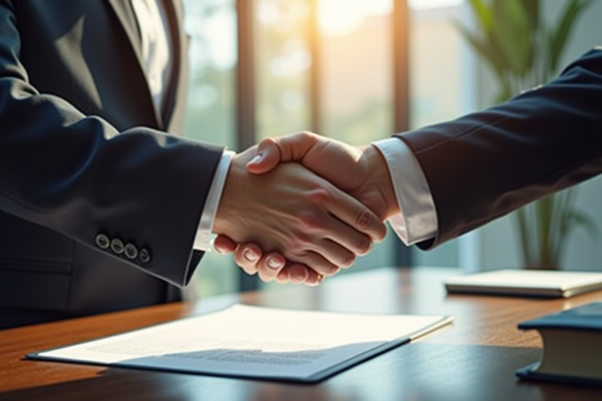 Deux professionnels se serrant la main sur un contrat signé
