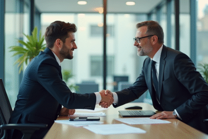 Poignée de main entre un jeune fintech et un banquier français dans un bureau moderne