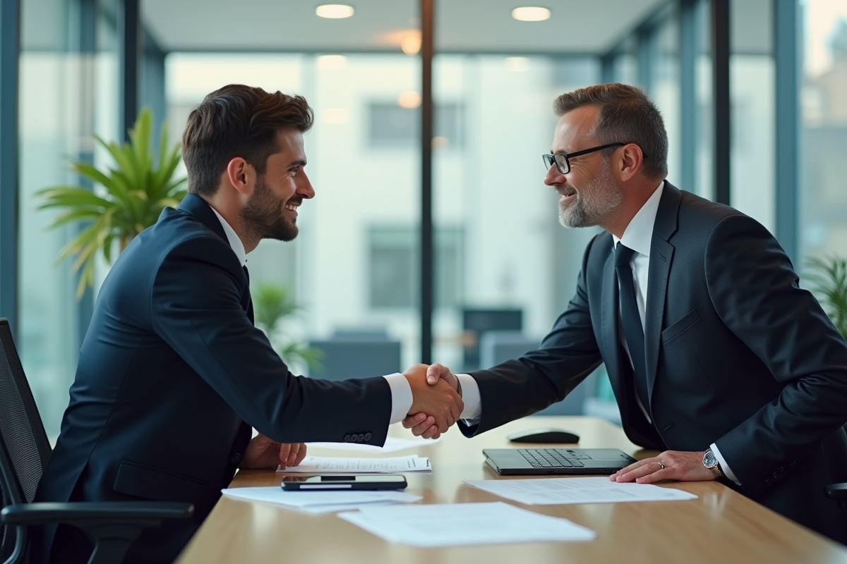Poignée de main entre un jeune fintech et un banquier français dans un bureau moderne