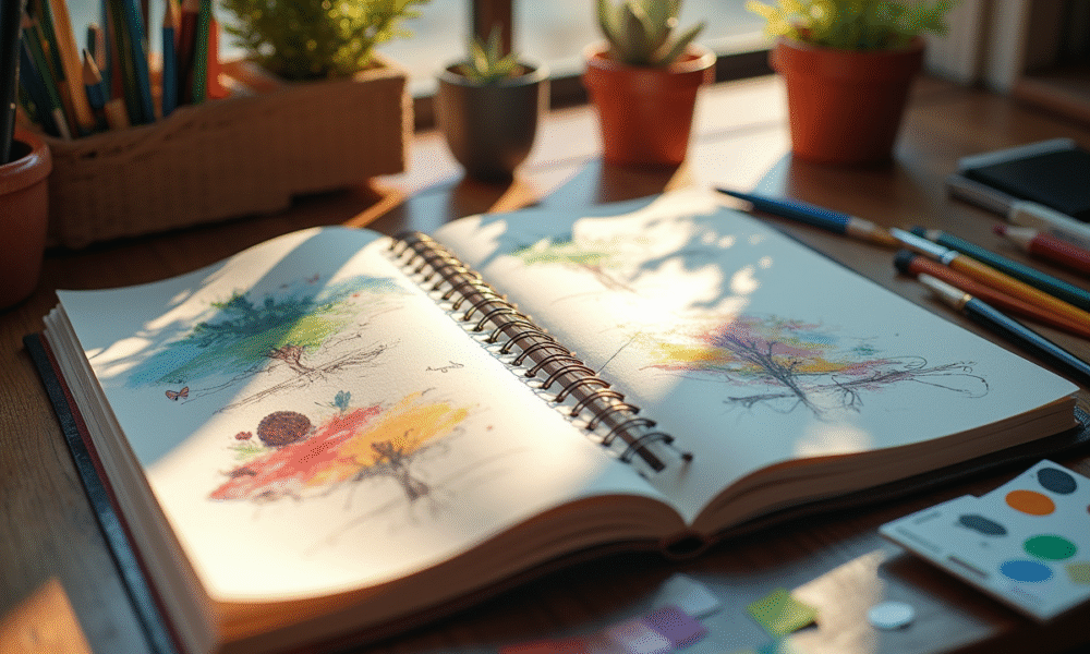 Bureau d'artiste avec croquis et couleurs pour l article