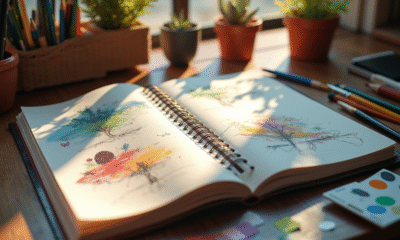 Bureau d'artiste avec croquis et couleurs pour l article