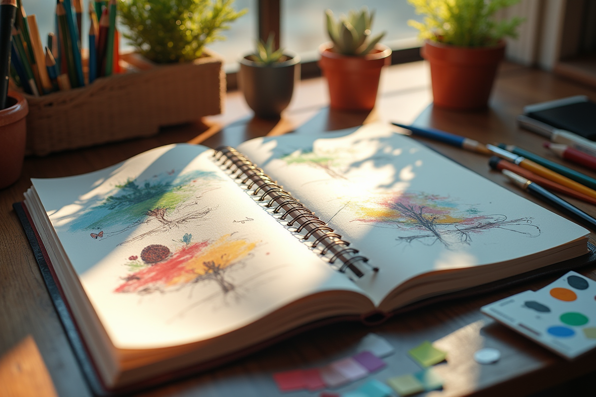 Bureau d'artiste avec croquis et couleurs pour l article