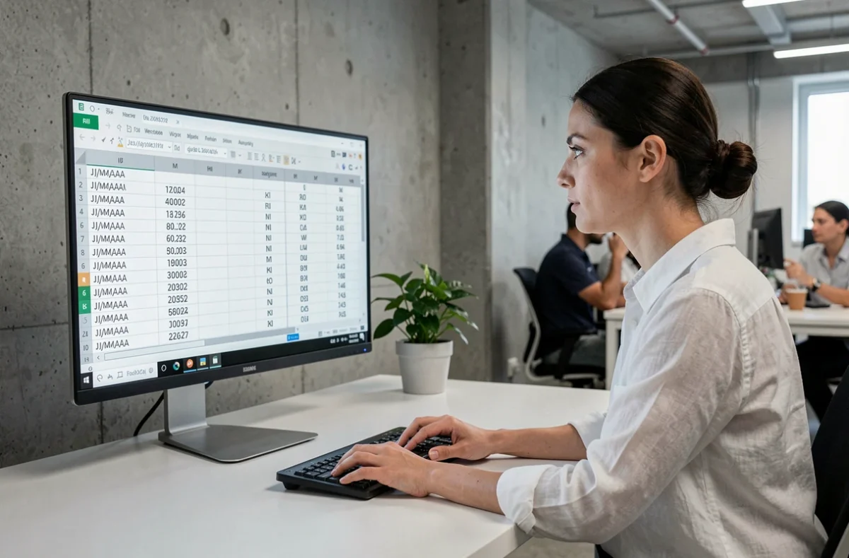 Femme travaillant sur un tableur de conversion de dates au format JJ/MM/AAAA en chiffres romains sur un écran d'ordinateur