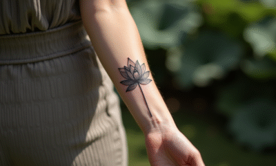 Poignet d'une femme avec tatouage lotus en fine ligne