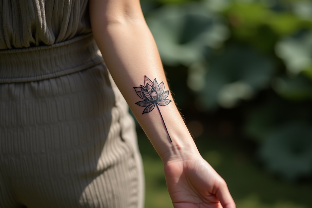Poignet d'une femme avec tatouage lotus en fine ligne
