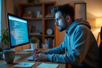 Jeune homme utilisant un site de téléchargement torrent sur son ordinateur portable dans un bureau à domicile