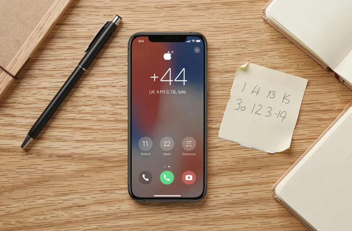 Téléphone affichant un appel entrant avec indicatif +44 posé sur une table en bois avec des notes manuscrites