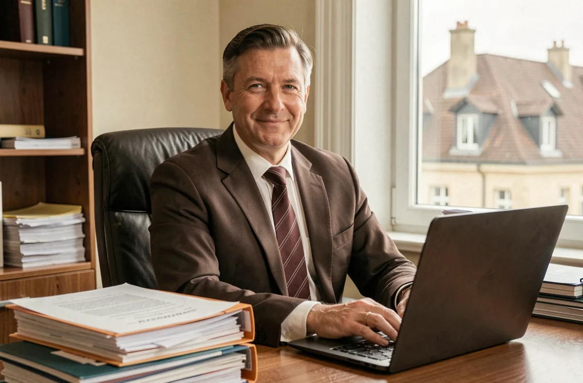 Maître Thiebaut Hubert, avocat à Chaumont, assis à son bureau avec des dossiers juridiques et un ordinateur portable