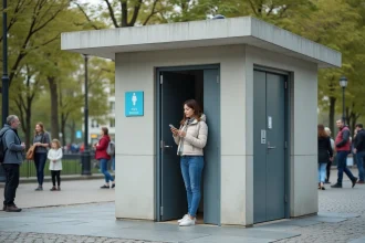 Femme consultant son smartphone devant des toilettes publiques en centre-ville dans un parc urbain
