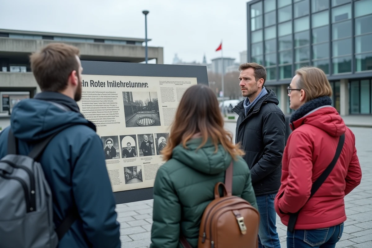 Groupe de touristes adultes consultant un panneau d'information historique sur le site du bunker d'Hitler à Berlin en plein air