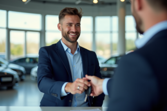 Vendeur de voitures souriant remettant les clés en showroom