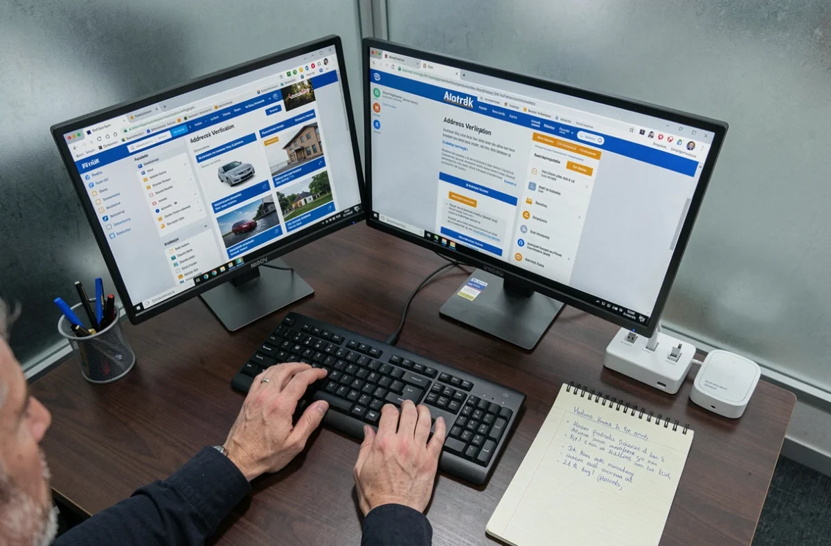Mains tapant sur un clavier pour vérifier et mettre à jour une adresse en ligne sur un bureau professionnel équipé de deux écrans