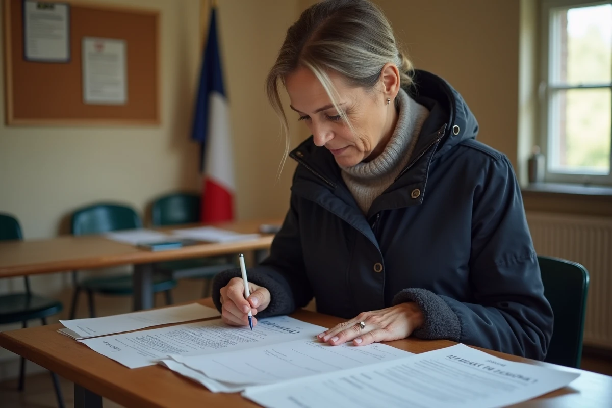 Femme consultant des documents officiels dans une salle communale rurale en France pour vérifier des informations locales