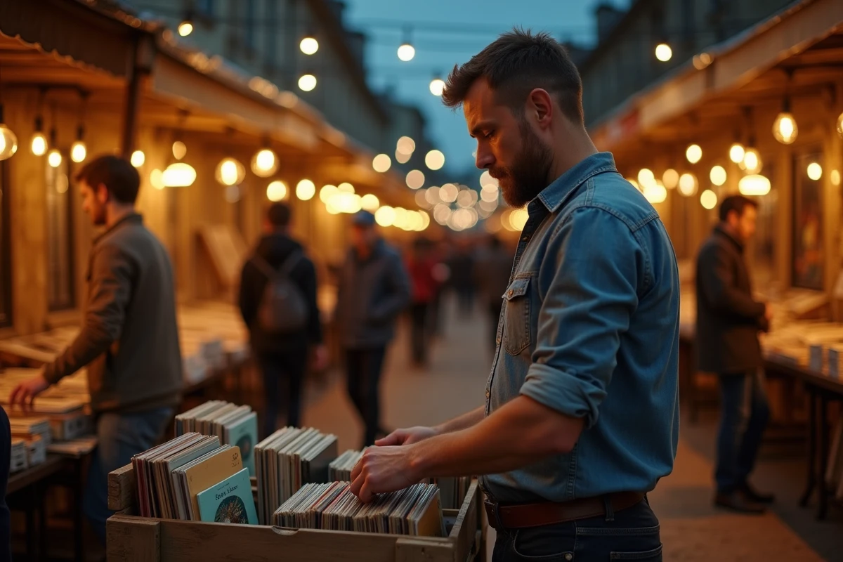 Homme feuilletant des vinyles anciens lors d'un vide-greniers nocturne dans les Yvelines