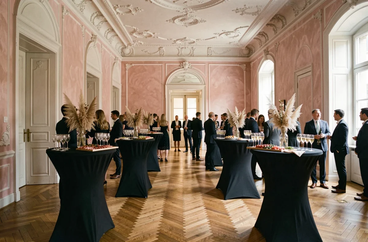 Intérieur de la Villa du Taur à Toulouse avec plafonds en stuc, tables de cocktail dressées et invités élégants en arrière-plan