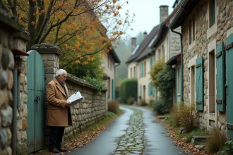 Rue typique du village de Chauffroy en Haute-Saône avec maisons en pierre et personnage lisant un journal local