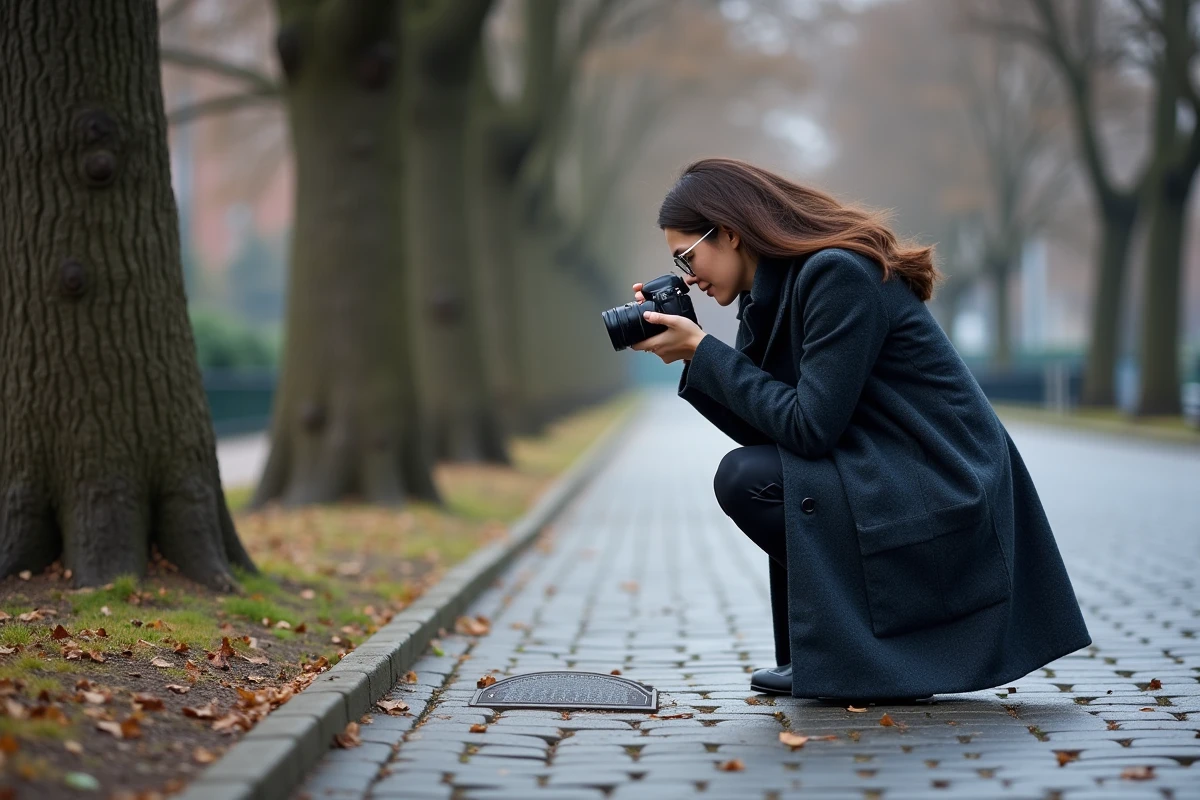 Visiteuse photographiant une plaque commémorative en bronze encastrée dans les pavés d'une ruelle historique près du site du bunker d'Hitler à Berlin