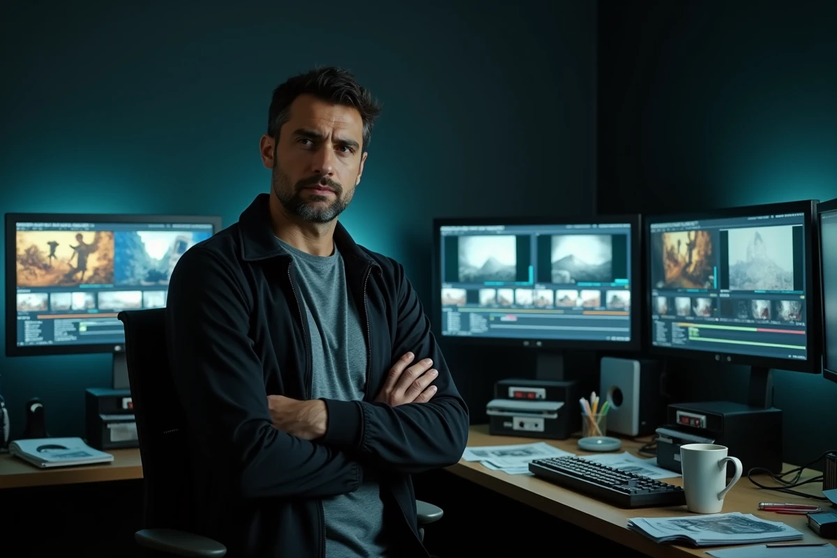 Réalisateur et producteur Vlad Boudnikoff dans sa salle de montage professionnelle entouré d'écrans de post-production