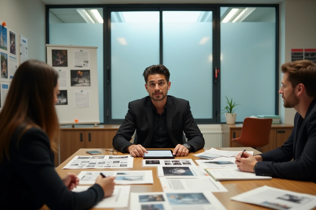 Producteur Vlad Boudnikoff en réunion de préproduction autour d'une table couverte de scénarios et de storyboards