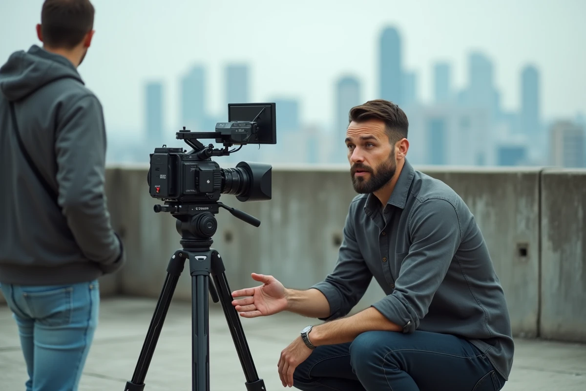 Réalisateur supervisant un tournage en extérieur sur un toit urbain avec une caméra cinéma professionnelle